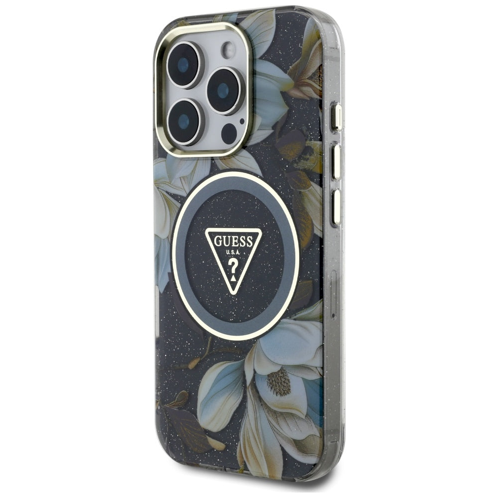 Калъф MagSafe за Apple iPhone 16 Pro, Guess, IML Metal Glitter Flowers Triangle, Черен