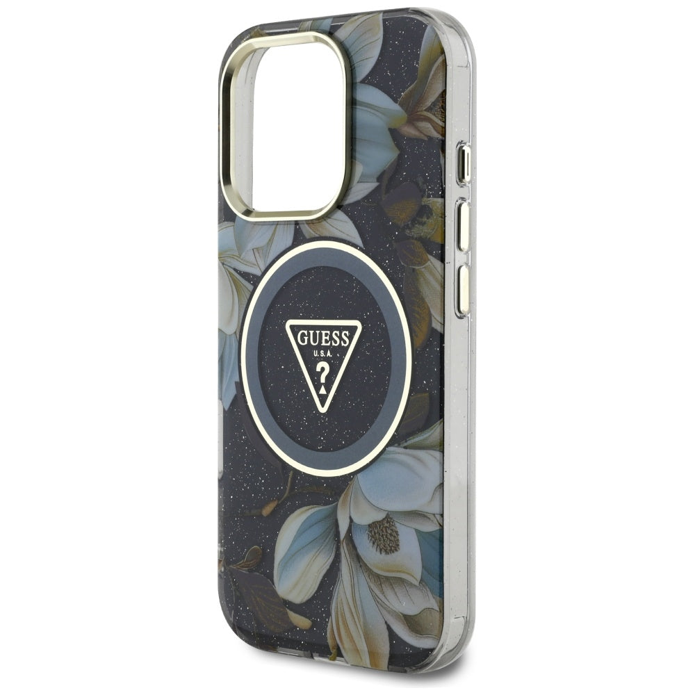 Калъф MagSafe за Apple iPhone 16 Pro, Guess, IML Metal Glitter Flowers Triangle, Черен