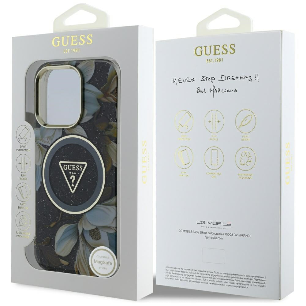 Калъф MagSafe за Apple iPhone 16 Pro, Guess, IML Metal Glitter Flowers Triangle, Черен