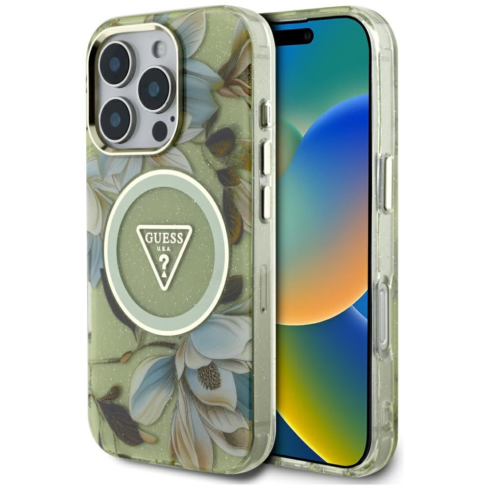 Калъф MagSafe за Apple iPhone 16 Pro, Guess, IML Metal Glitter Flowers Triangle, Зелен