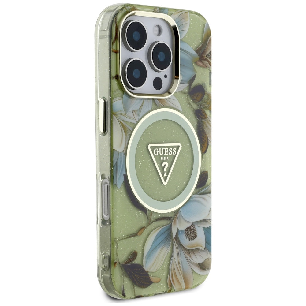 Калъф MagSafe за Apple iPhone 16 Pro, Guess, IML Metal Glitter Flowers Triangle, Зелен