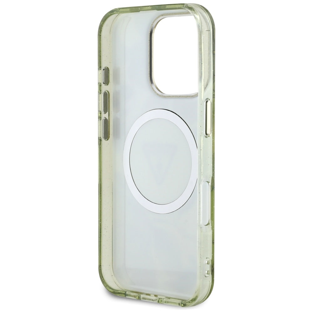 Калъф MagSafe за Apple iPhone 16 Pro, Guess, IML Metal Glitter Flowers Triangle, Зелен