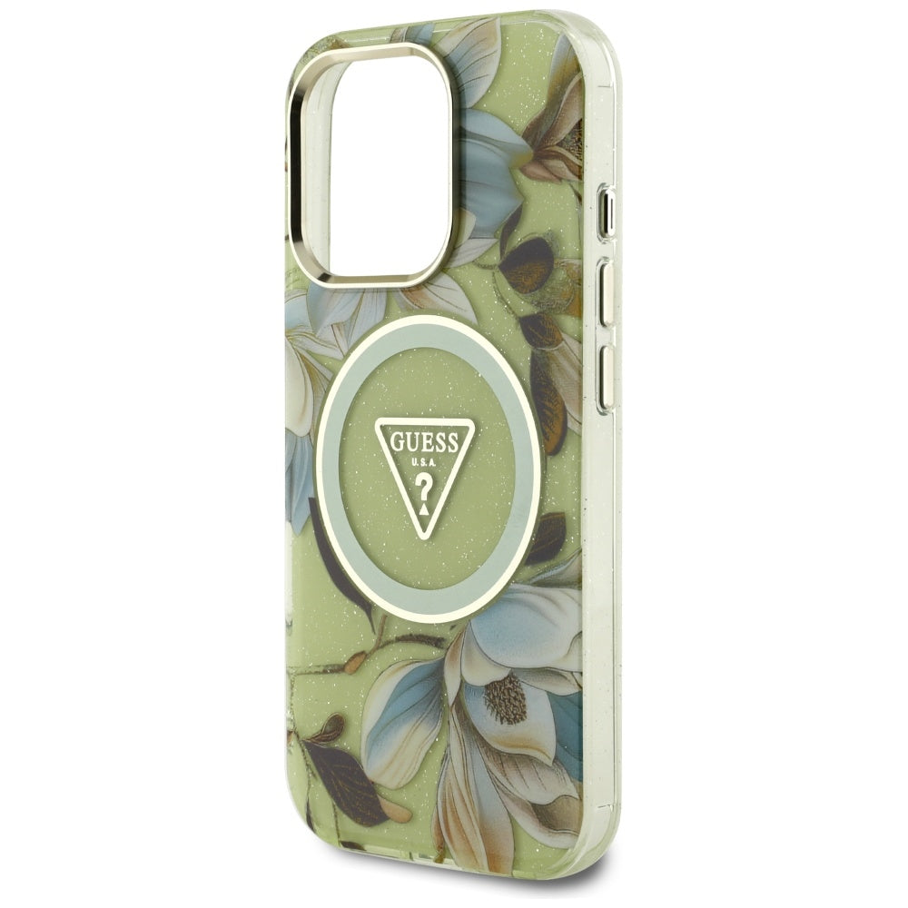 Калъф MagSafe за Apple iPhone 16 Pro, Guess, IML Metal Glitter Flowers Triangle, Зелен