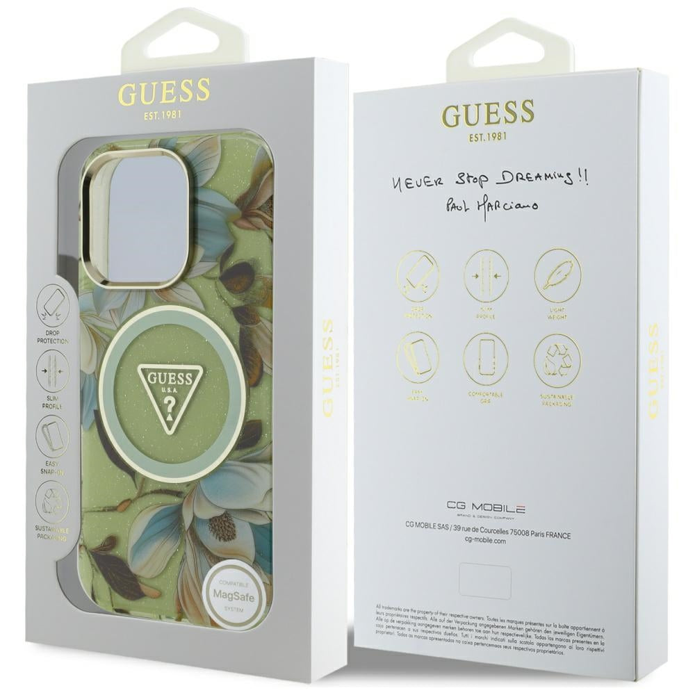 Калъф MagSafe за Apple iPhone 16 Pro, Guess, IML Metal Glitter Flowers Triangle, Зелен
