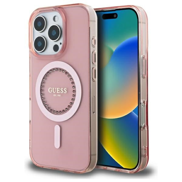 Калъф MagSafe за Apple iPhone 16 Pro, Guess, IML Rhinestone, Розов