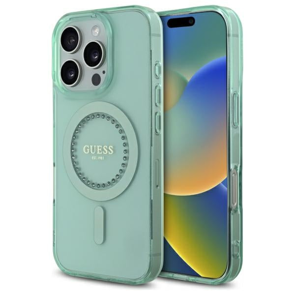 Калъф MagSafe за Apple iPhone 16 Pro, Guess, IML Rhinestone, Зелен