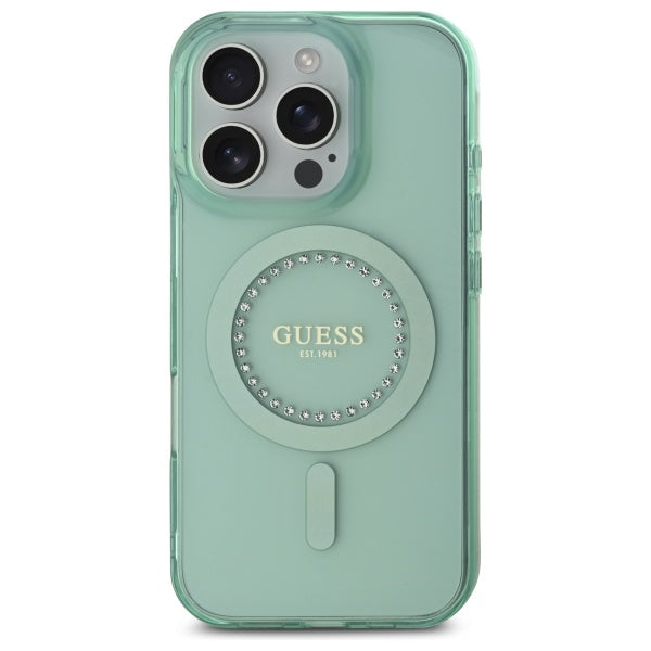 Калъф MagSafe за Apple iPhone 16 Pro, Guess, IML Rhinestone, Зелен