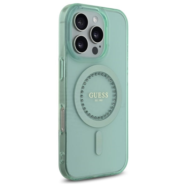 Калъф MagSafe за Apple iPhone 16 Pro, Guess, IML Rhinestone, Зелен