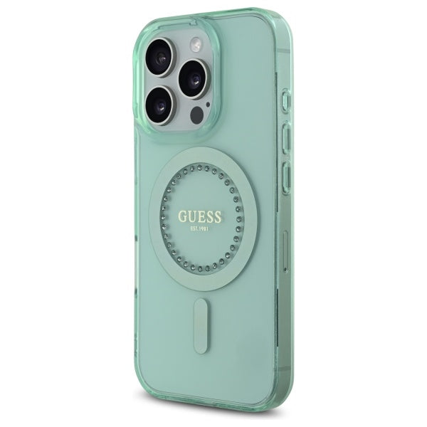 Калъф MagSafe за Apple iPhone 16 Pro, Guess, IML Rhinestone, Зелен