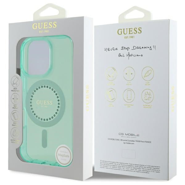 Калъф MagSafe за Apple iPhone 16 Pro, Guess, IML Rhinestone, Зелен