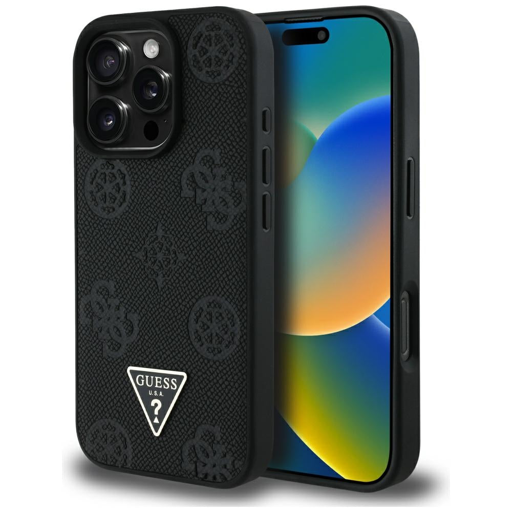 Калъф MagSafe за Apple iPhone 16 Pro, Guess, Peony Grained Hot Stamp Triangle, Черен
