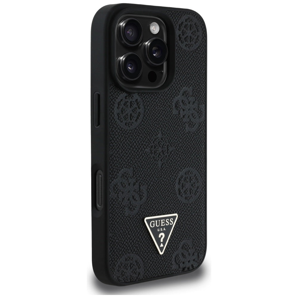 Калъф MagSafe за Apple iPhone 16 Pro, Guess, Peony Grained Hot Stamp Triangle, Черен