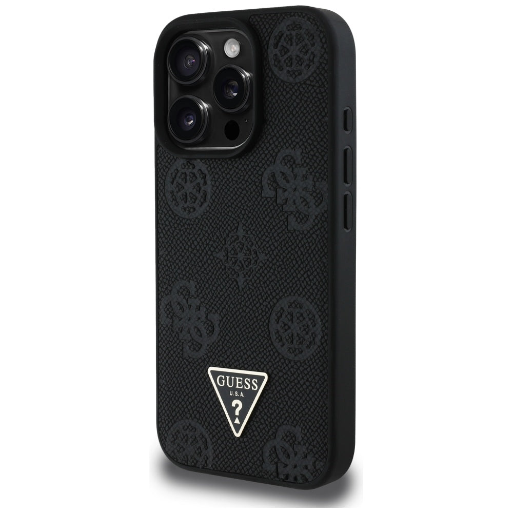 Калъф MagSafe за Apple iPhone 16 Pro, Guess, Peony Grained Hot Stamp Triangle, Черен