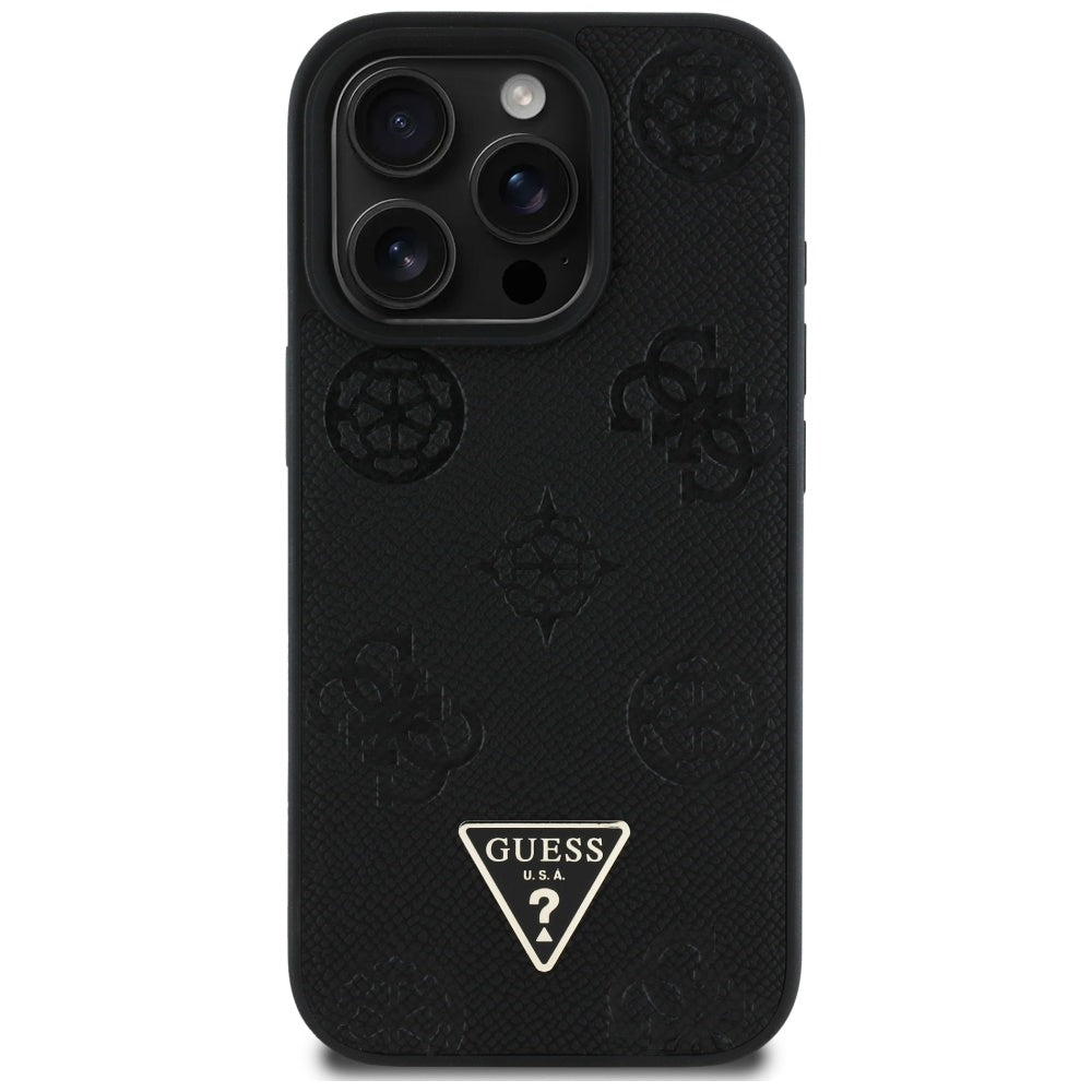 Калъф MagSafe за Apple iPhone 16 Pro, Guess, Peony Grained Hot Stamp Triangle, Черен