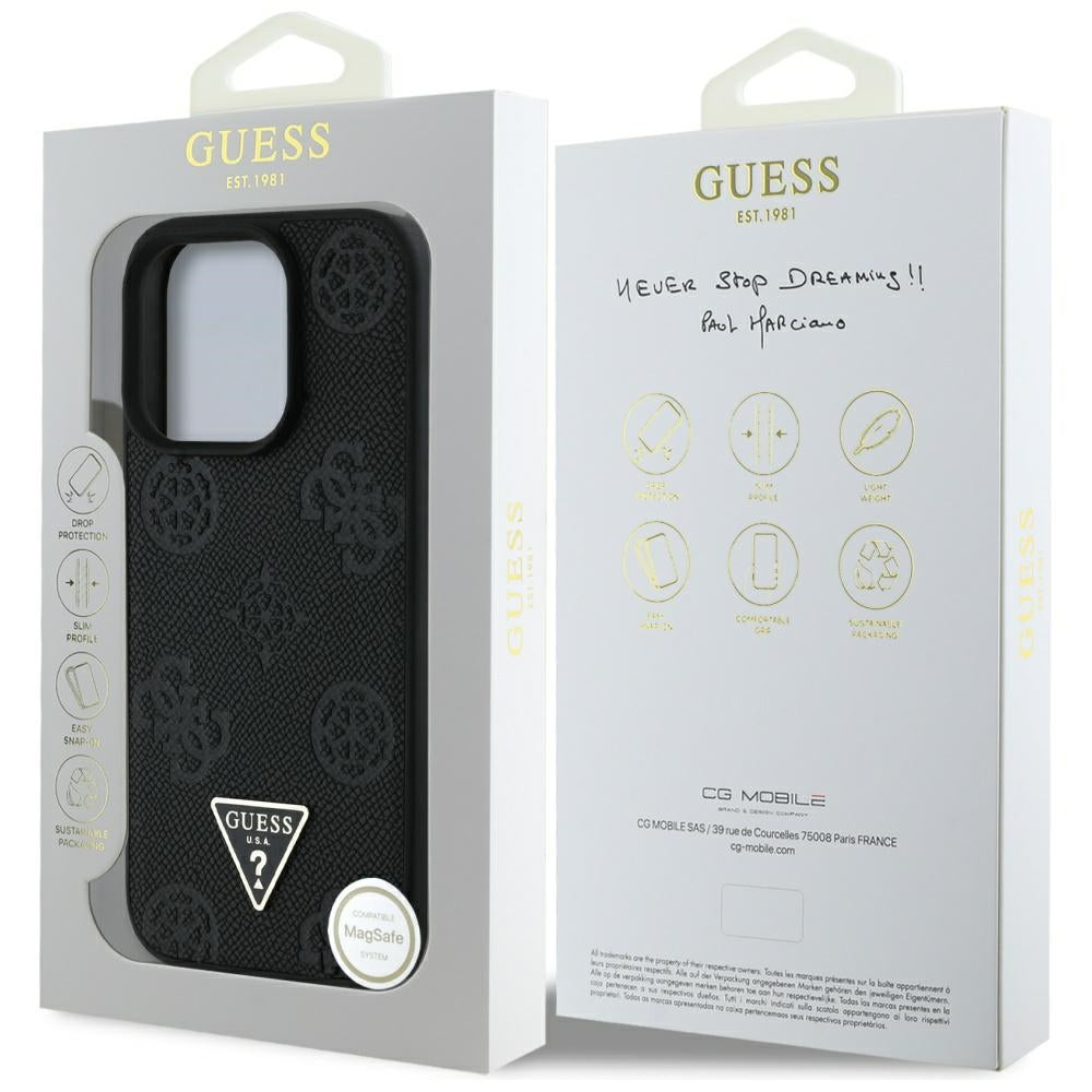 Калъф MagSafe за Apple iPhone 16 Pro, Guess, Peony Grained Hot Stamp Triangle, Черен