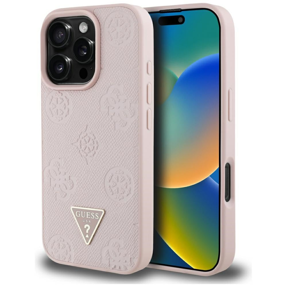 Калъф MagSafe за Apple iPhone 16 Pro, Guess, Peony Grained Hot Stamp Triangle, Розов