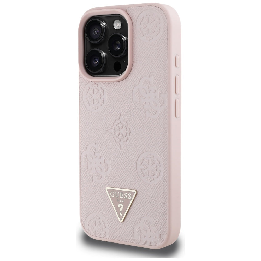 Калъф MagSafe за Apple iPhone 16 Pro, Guess, Peony Grained Hot Stamp Triangle, Розов