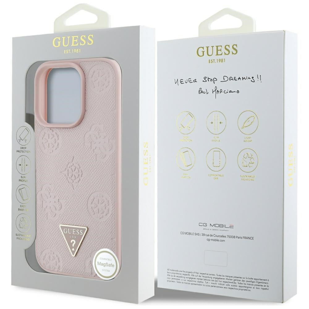Калъф MagSafe за Apple iPhone 16 Pro, Guess, Peony Grained Hot Stamp Triangle, Розов
