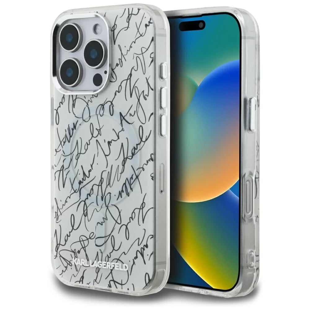 Калъф MagSafe за Apple iPhone 16 Pro, Karl Lagerfeld, IML Karl Script Pattern, Бял