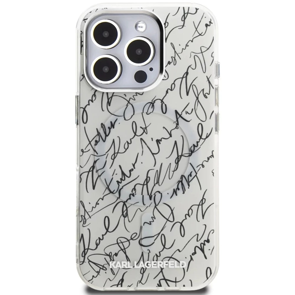 Калъф MagSafe за Apple iPhone 16 Pro, Karl Lagerfeld, IML Karl Script Pattern, Бял