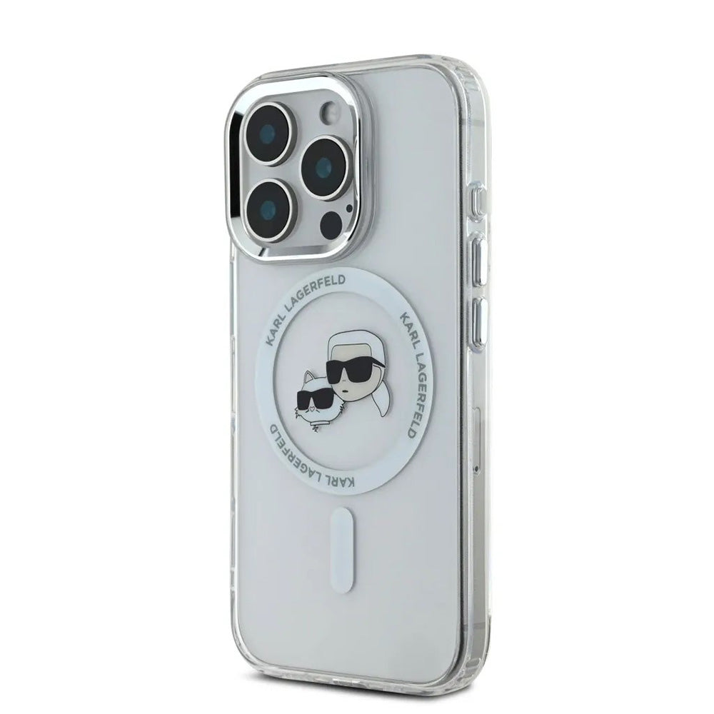 Калъф MagSafe за Apple iPhone 16 Pro, Karl Lagerfeld, IML Metal Karl & Choupette's Heads, Бял