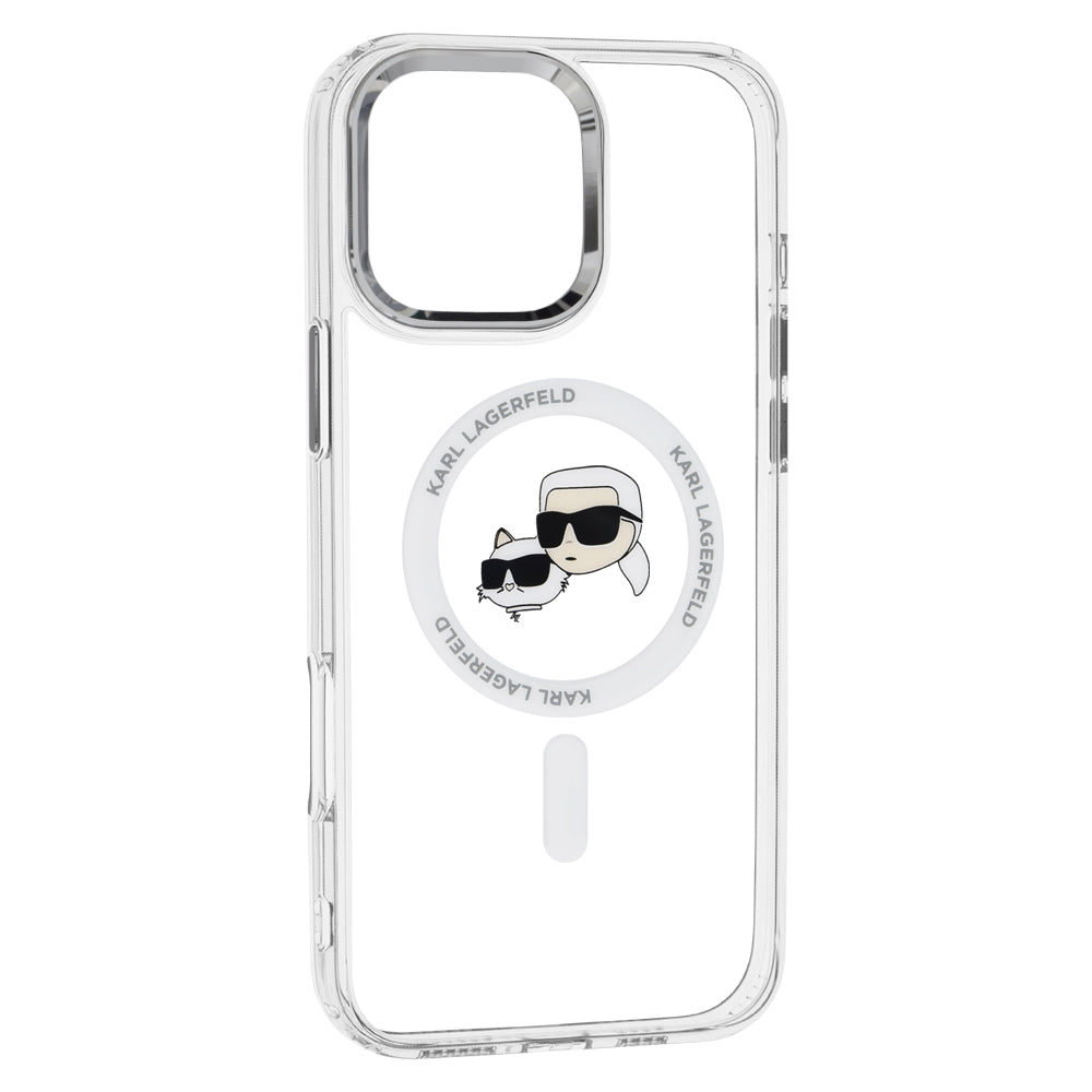 Калъф MagSafe за Apple iPhone 16 Pro, Karl Lagerfeld, IML Metal Karl & Choupette's Heads, Бял