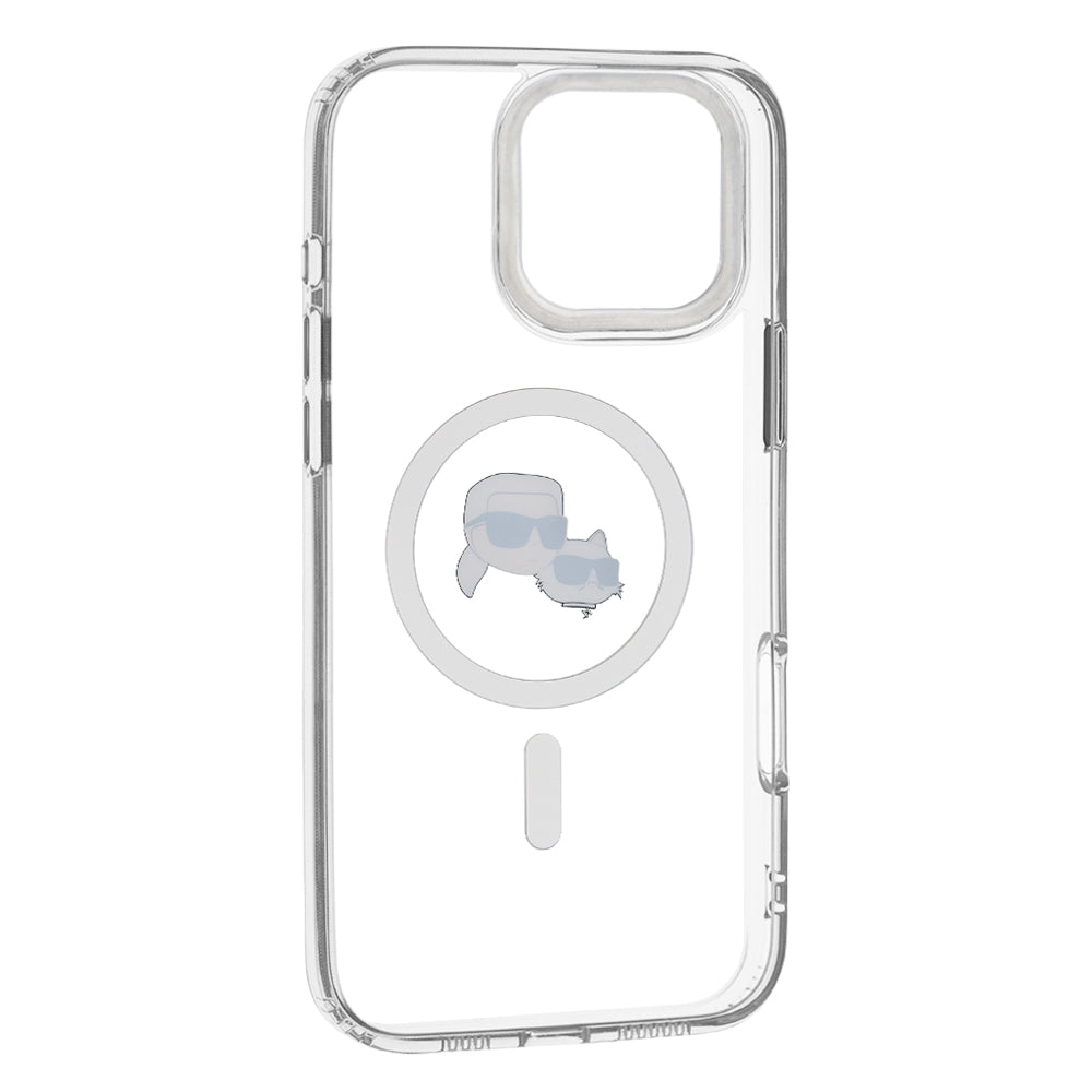 Калъф MagSafe за Apple iPhone 16 Pro, Karl Lagerfeld, IML Metal Karl & Choupette's Heads, Бял