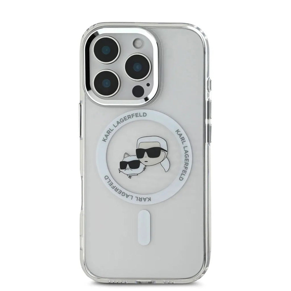 Калъф MagSafe за Apple iPhone 16 Pro, Karl Lagerfeld, IML Metal Karl & Choupette's Heads, Бял