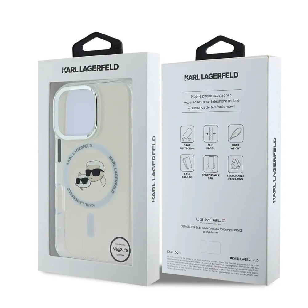 Калъф MagSafe за Apple iPhone 16 Pro, Karl Lagerfeld, IML Metal Karl & Choupette's Heads, Бял