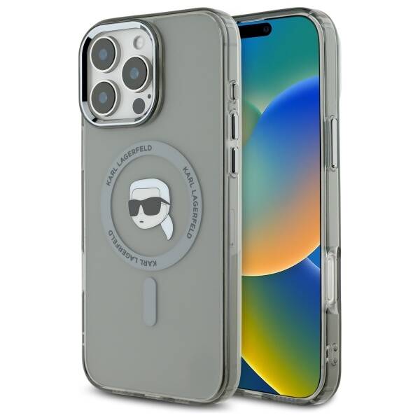 Калъф MagSafe за Apple iPhone 16 Pro, Karl Lagerfeld, IML Metal Karl's Head, Черен