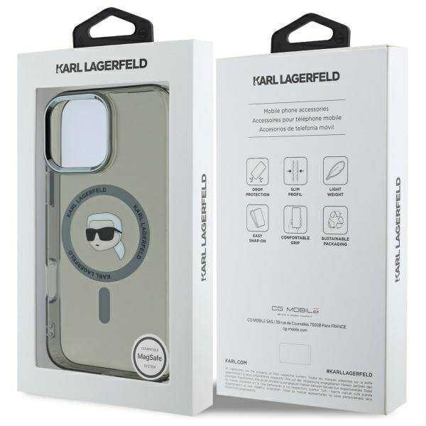 Калъф MagSafe за Apple iPhone 16 Pro, Karl Lagerfeld, IML Metal Karl's Head, Черен