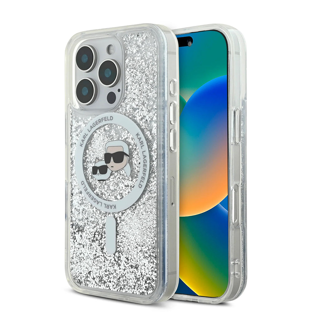 Калъф MagSafe за Apple iPhone 16 Pro, Karl Lagerfeld, Liquid Glitter Karl & Choupette's Heads, Прозрачен