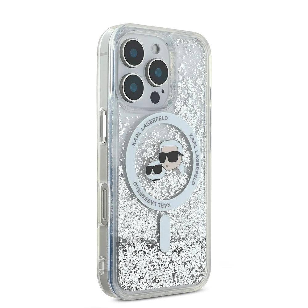 Калъф MagSafe за Apple iPhone 16 Pro, Karl Lagerfeld, Liquid Glitter Karl & Choupette's Heads, Прозрачен