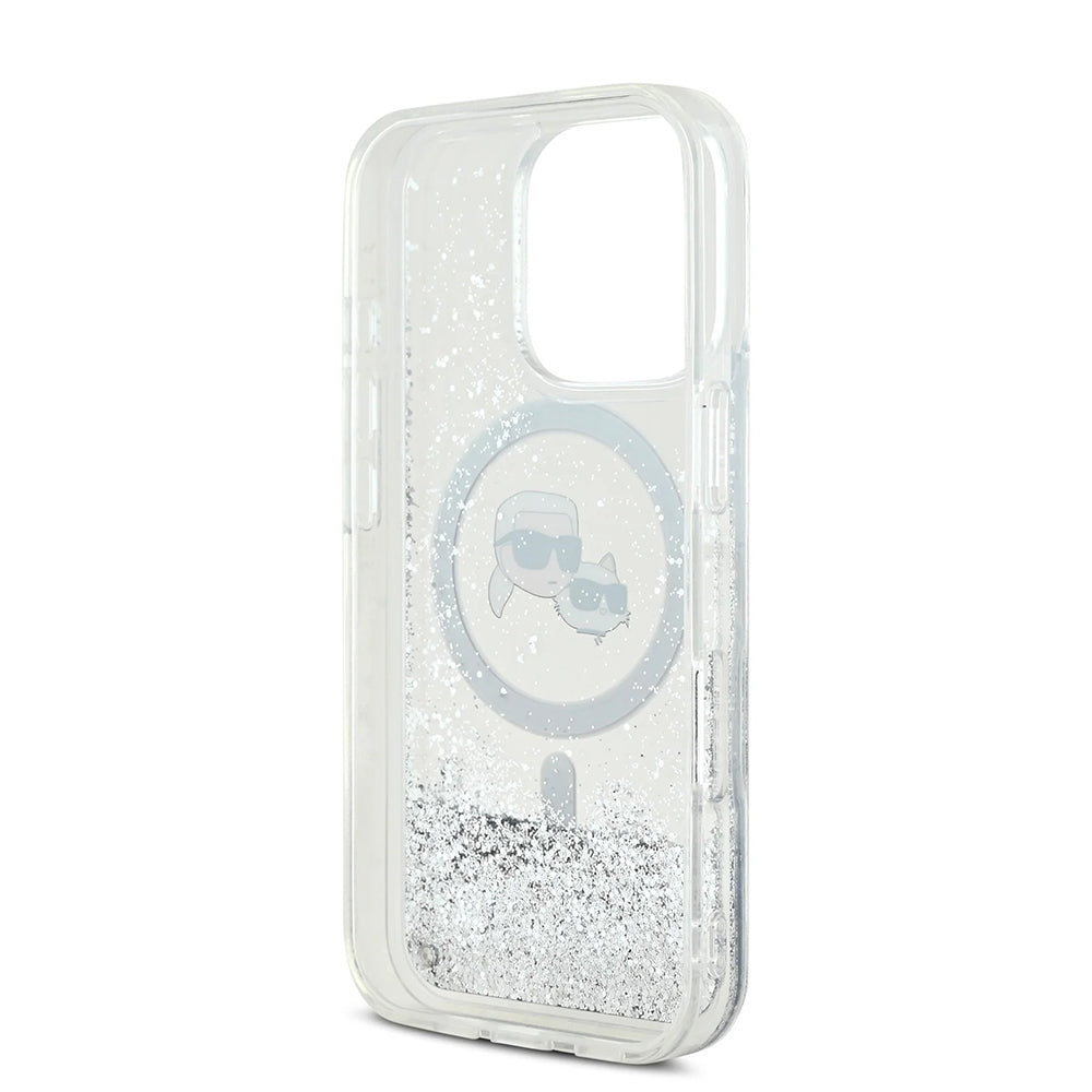 Калъф MagSafe за Apple iPhone 16 Pro, Karl Lagerfeld, Liquid Glitter Karl & Choupette's Heads, Прозрачен