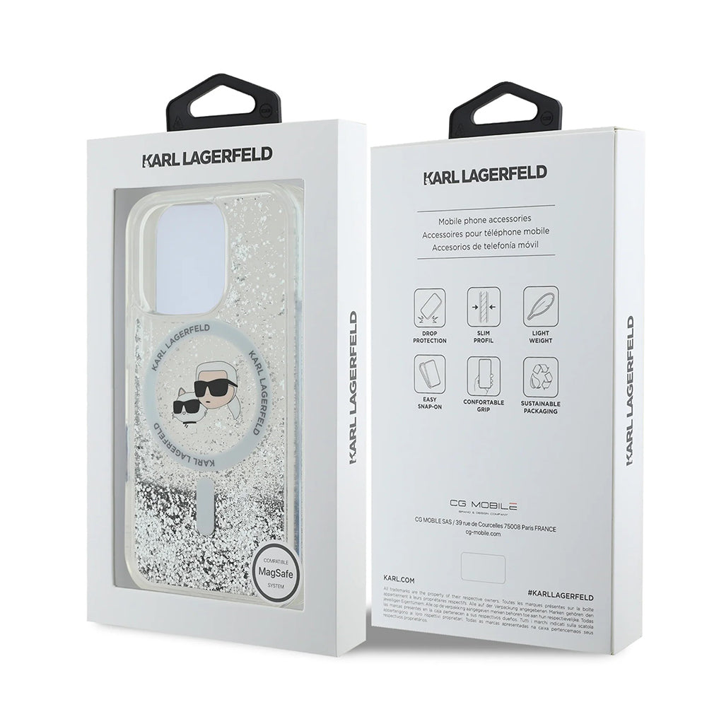 Калъф MagSafe за Apple iPhone 16 Pro, Karl Lagerfeld, Liquid Glitter Karl & Choupette's Heads, Прозрачен