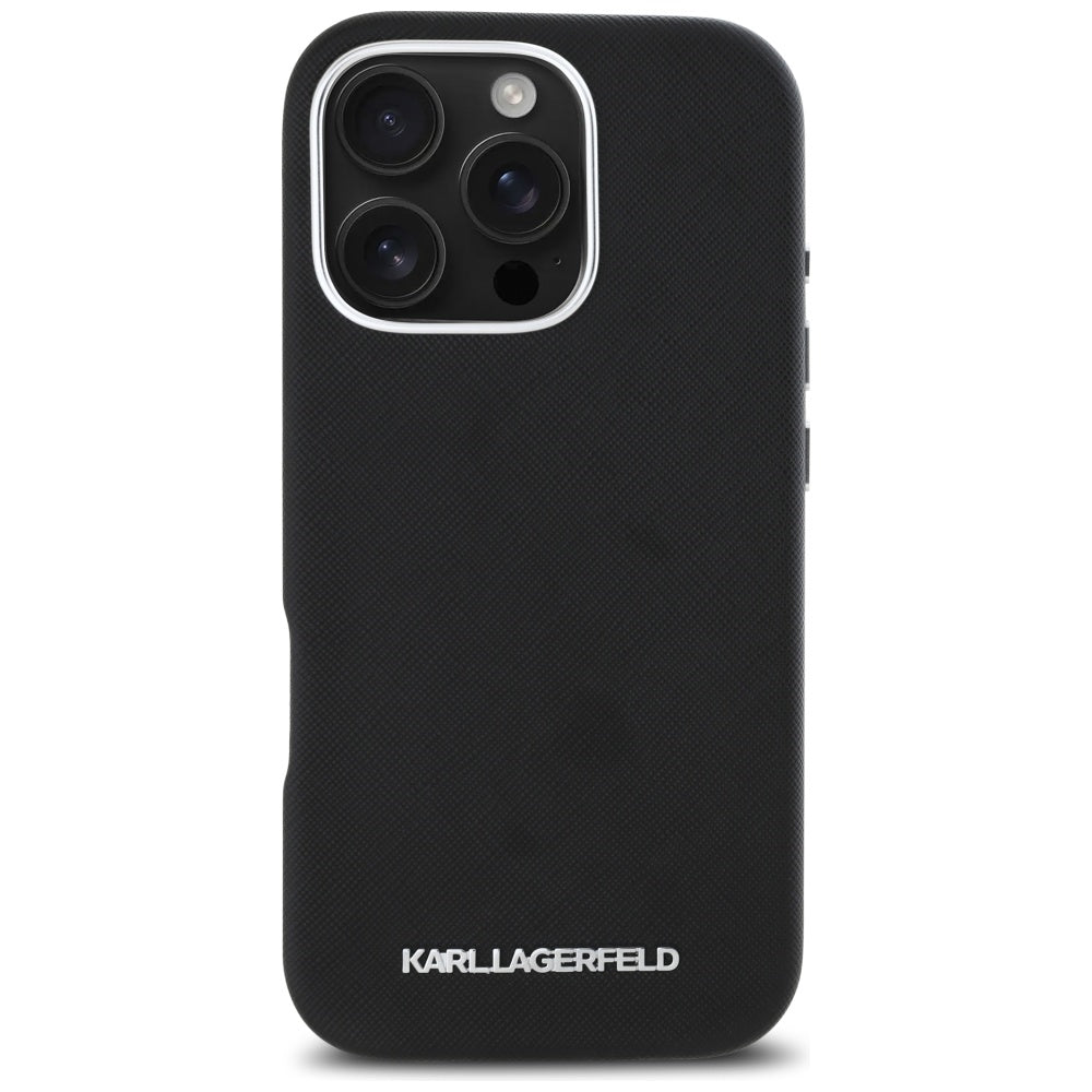 Калъф MagSafe за Apple iPhone 16 Pro, Karl Lagerfeld, Saffiano Full Wrapped Elongated Metal Logo, Черен