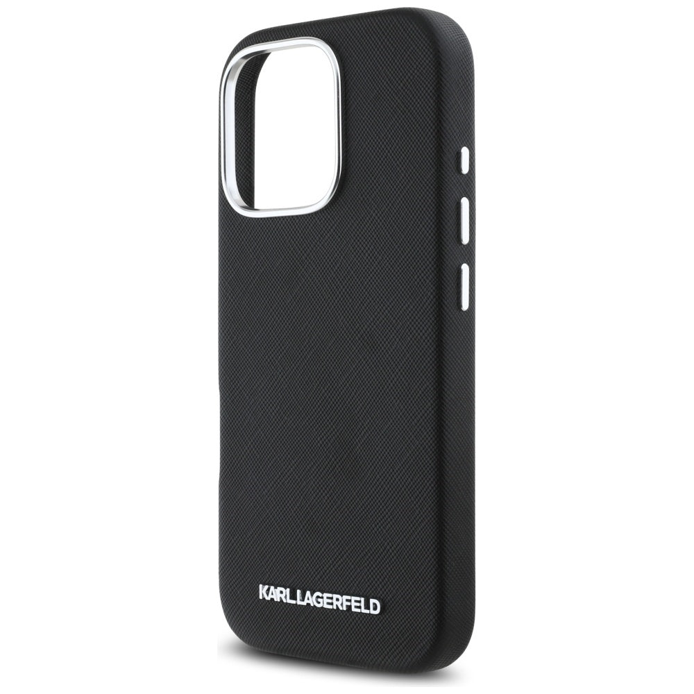 Калъф MagSafe за Apple iPhone 16 Pro, Karl Lagerfeld, Saffiano Full Wrapped Elongated Metal Logo, Черен