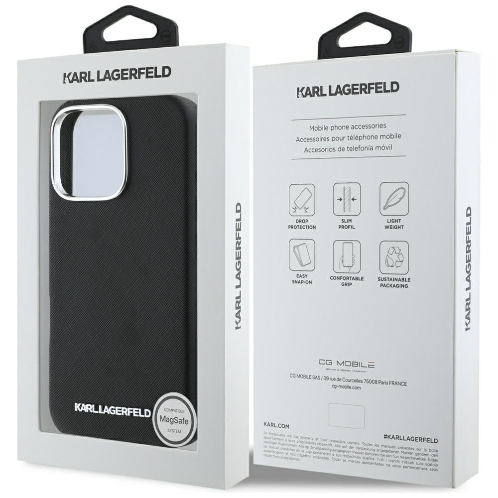 Калъф MagSafe за Apple iPhone 16 Pro, Karl Lagerfeld, Saffiano Full Wrapped Elongated Metal Logo, Черен