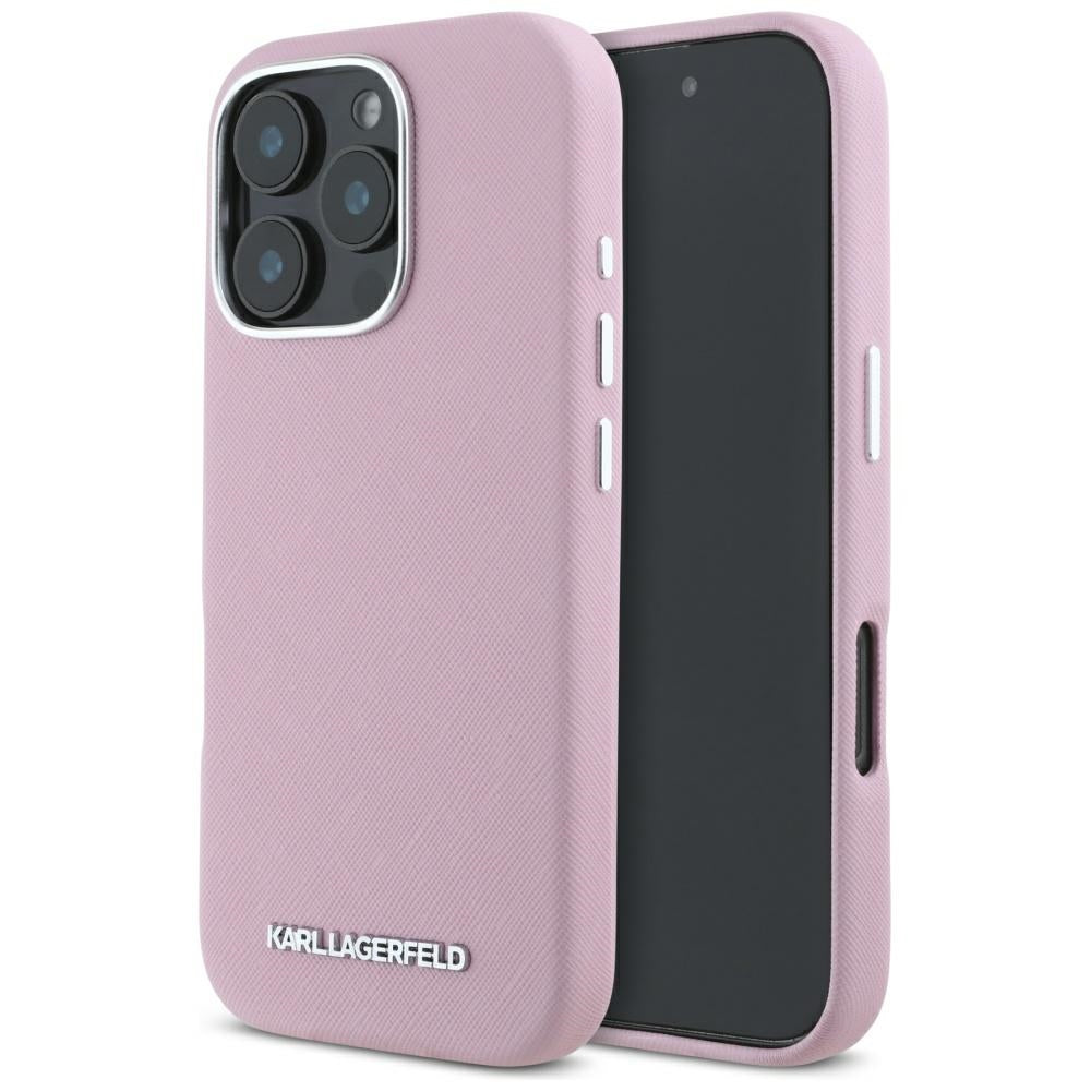 MagSafe Case for Apple iPhone 16 Pro, Karl Lagerfeld, Saffiano Full Wrapped Elongated Metal Logo, Pink