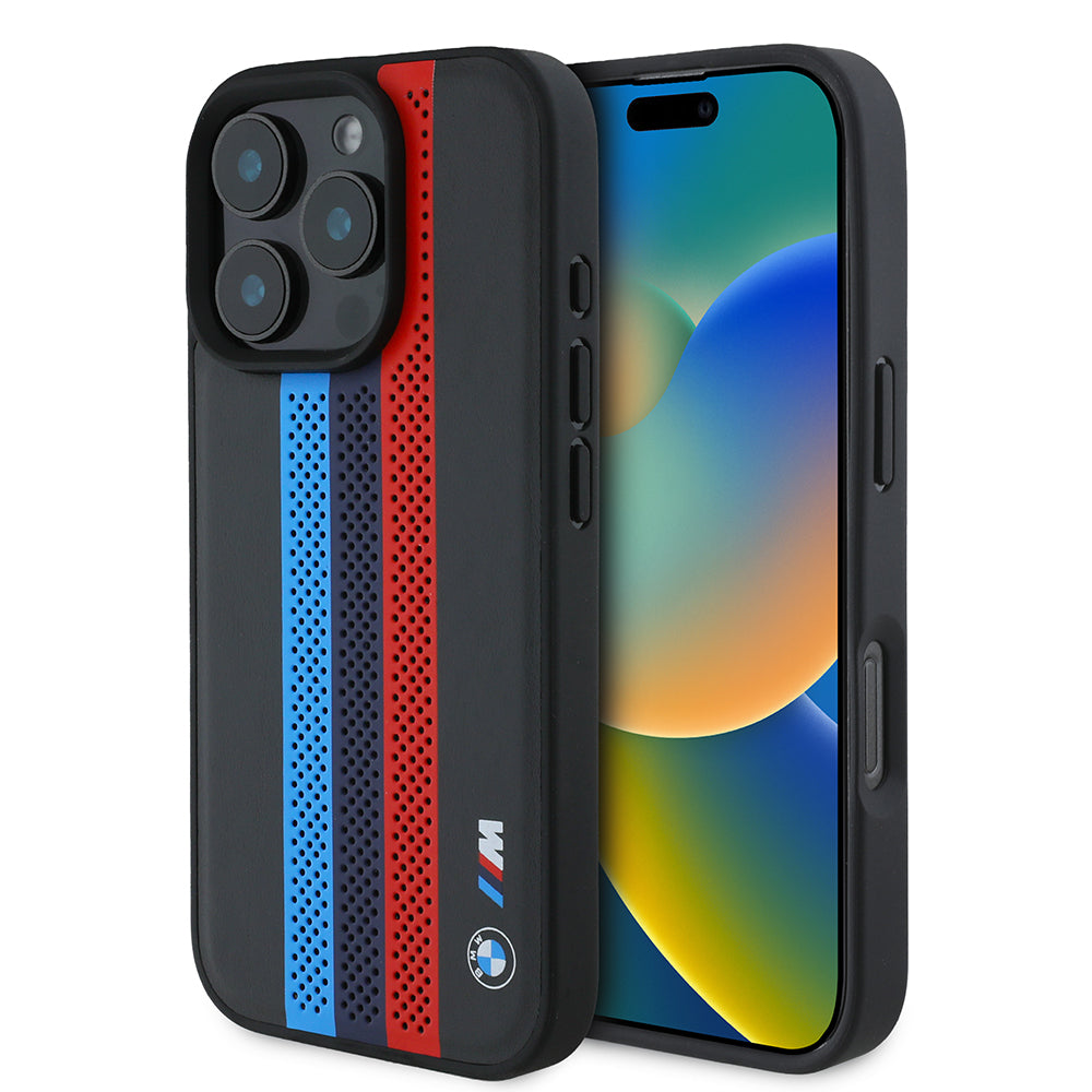 MagSafe Case for Apple iPhone 16 Pro Max, BMW, Perforated M Perf. Tricolor Stripers, Black