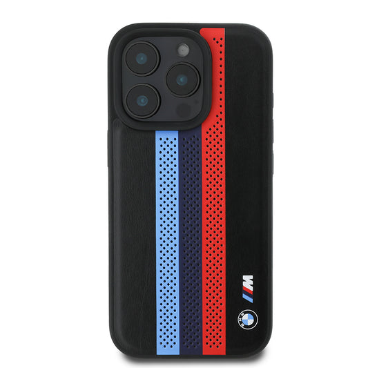 Калъф MagSafe за Apple iPhone 16 Pro Max, BMW, Perforated M Perf. Tricolor Stripers, Черен