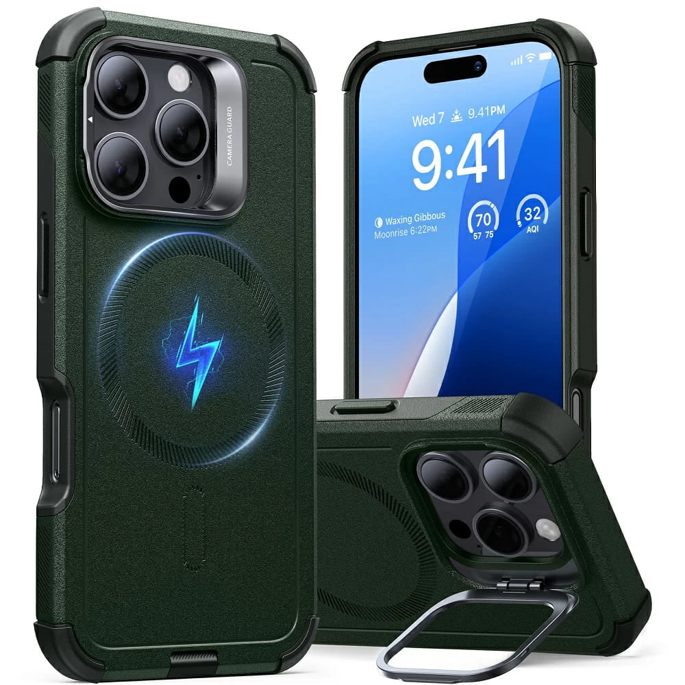 Калъф MagSafe за Apple iPhone 16 Pro Max, ESR, Cyber Armor Kickstand, Зелен