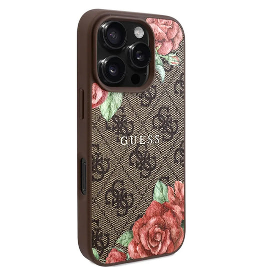Калъф MagSafe за Apple iPhone 16 Pro Max, Guess, 4G Flowers Print, Кафяв