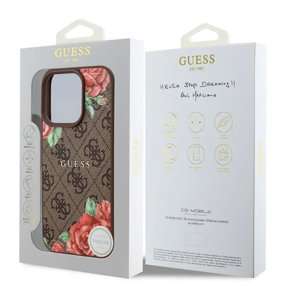 Калъф MagSafe за Apple iPhone 16 Pro Max, Guess, 4G Flowers Print, Кафяв