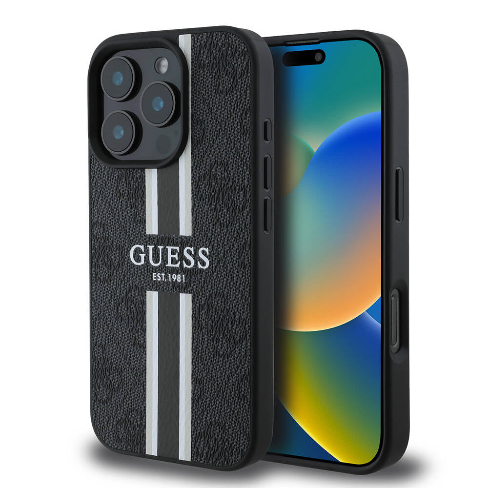 Калъф MagSafe за Apple iPhone 16 Pro Max, Guess, 4G Printed Stripes, Черен