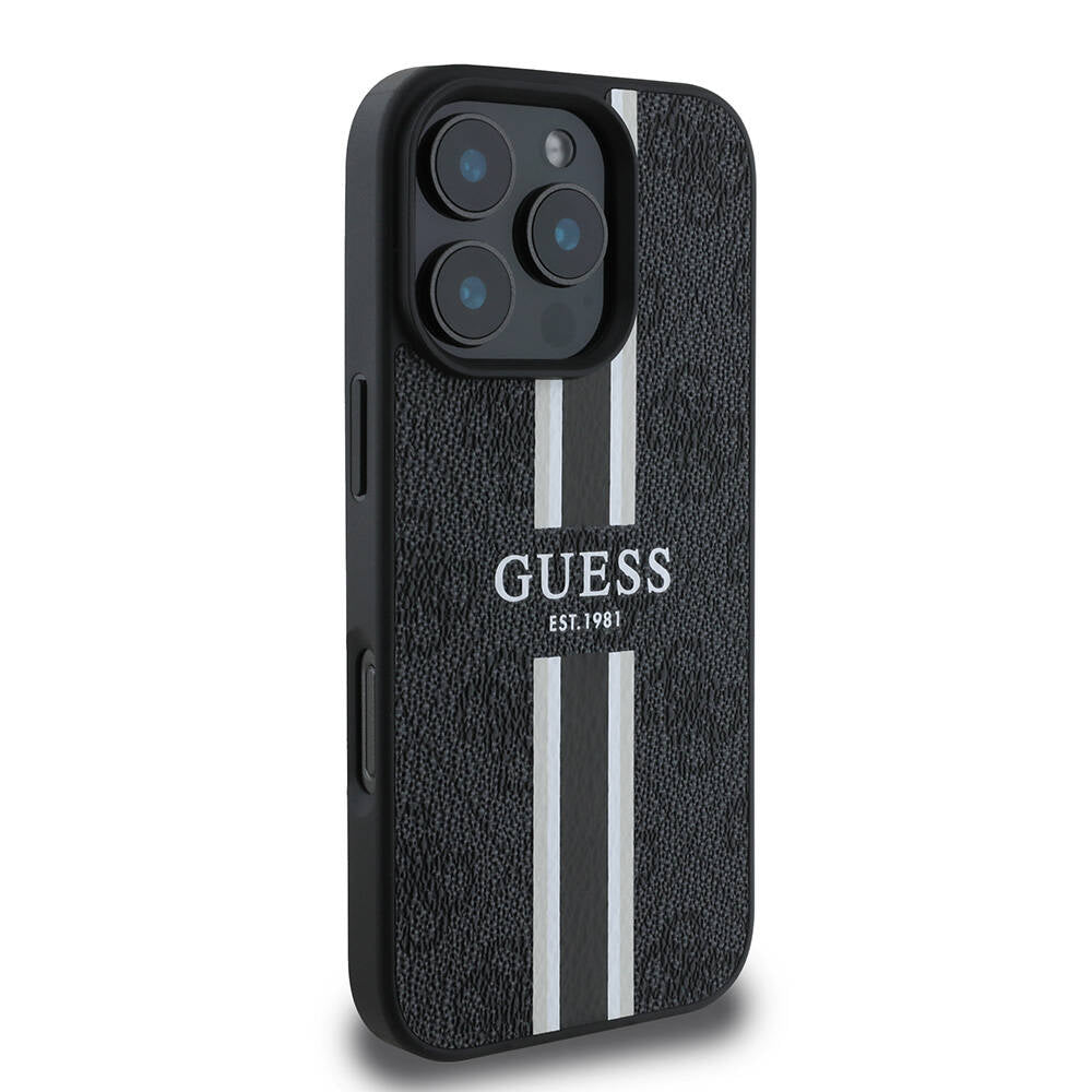 Калъф MagSafe за Apple iPhone 16 Pro Max, Guess, 4G Printed Stripes, Черен
