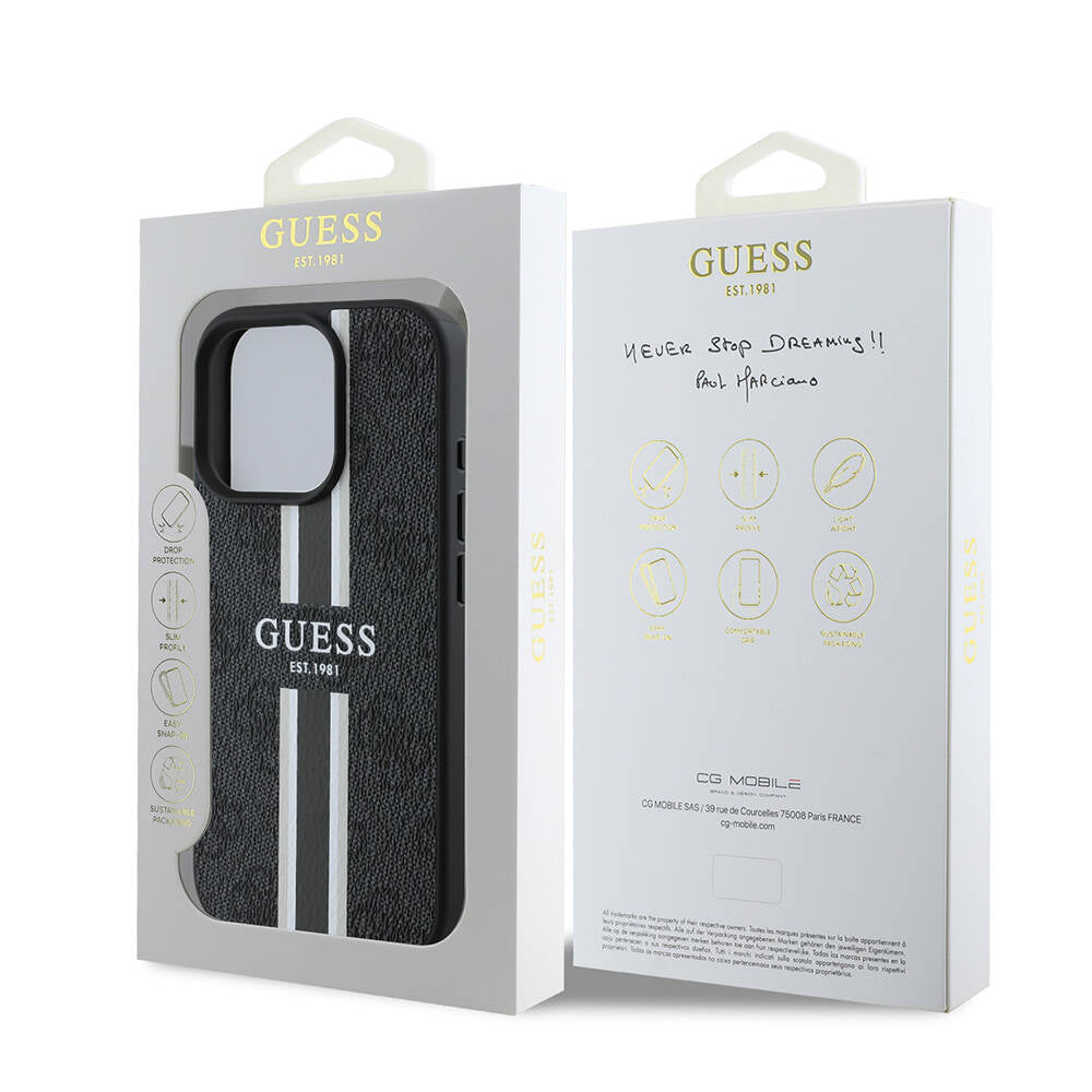 Калъф MagSafe за Apple iPhone 16 Pro Max, Guess, 4G Printed Stripes, Черен