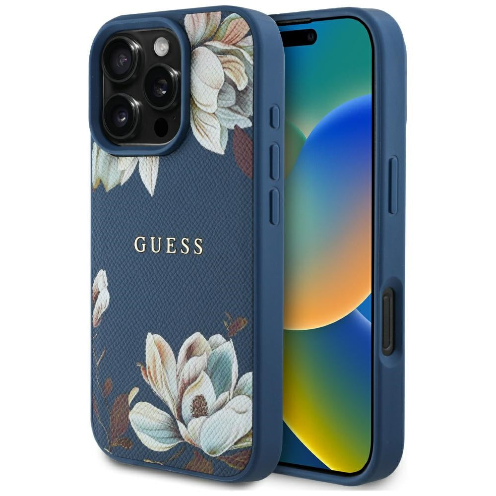 Калъф MagSafe за Apple iPhone 16 Pro Max, Guess, Grained Flowers, Син