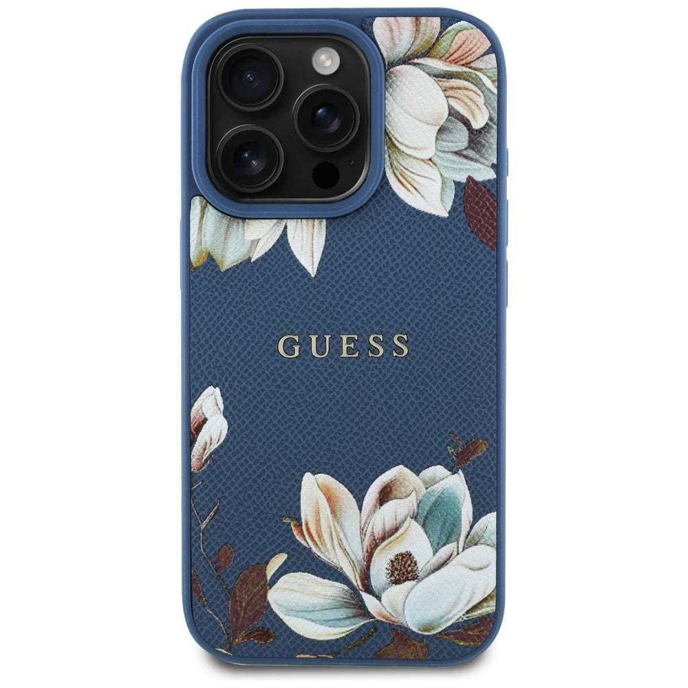 Калъф MagSafe за Apple iPhone 16 Pro Max, Guess, Grained Flowers, Син