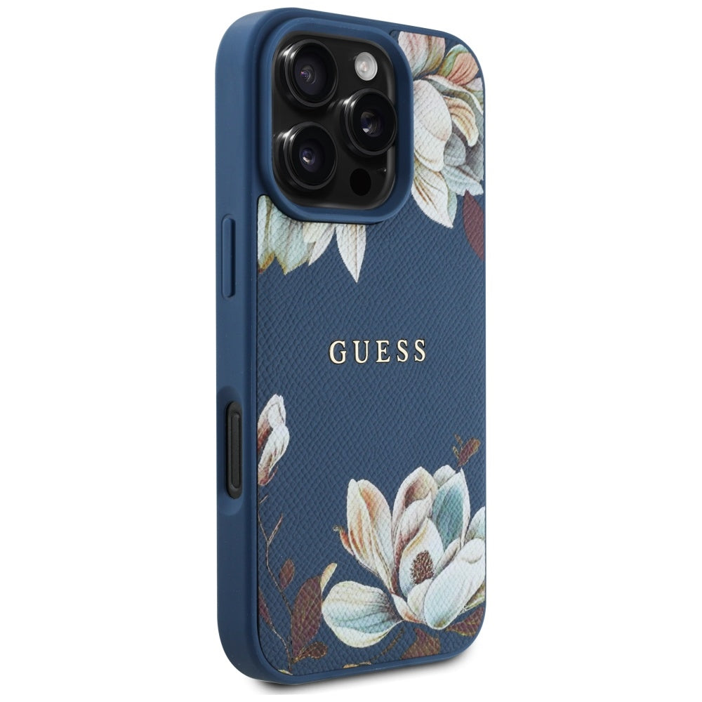 Калъф MagSafe за Apple iPhone 16 Pro Max, Guess, Grained Flowers, Син